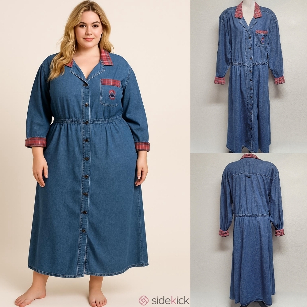 90s Vintage Talbots Mid-Wash Chambray Plaid Trim Button Up Collared Midi Dress